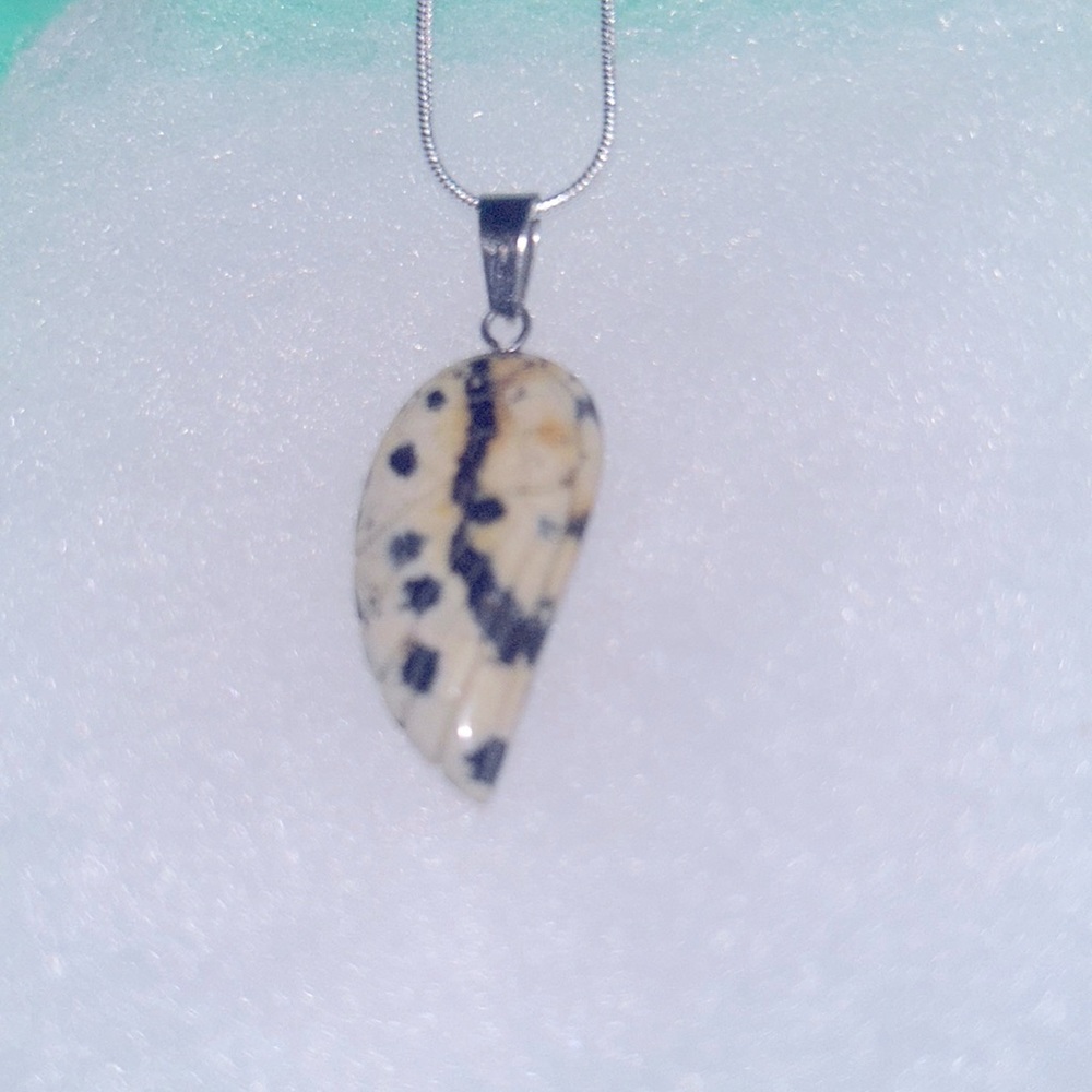 Boho hippie Dalmatian Jasper Angel Wing Sterling Silver Necklace 16”